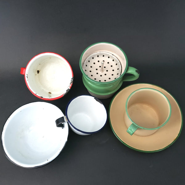 Lot of Antique and Vintage Enamelware Cups, Bowls, Biggin Filter Strainer