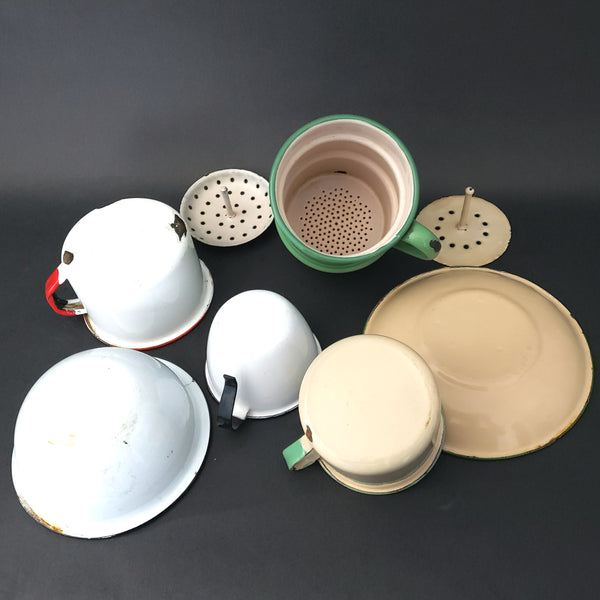 Lot of Antique and Vintage Enamelware Cups, Bowls, Biggin Filter Strainer