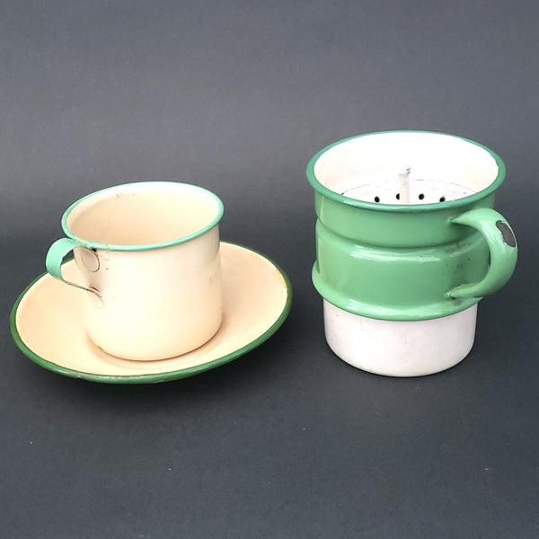 Lot of Antique and Vintage Enamelware Cups, Bowls, Biggin Filter Strainer
