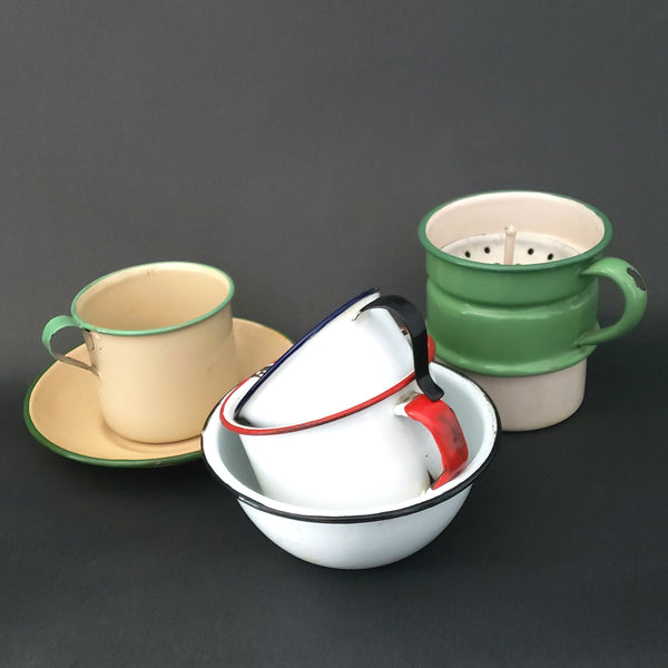 Lot of Antique and Vintage Enamelware Cups, Bowls, Biggin Filter Strainer