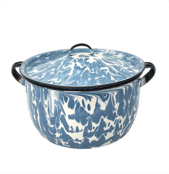 Antique Blue and White Swirl Sauce Pot 2 Quart Double Handled with Lid