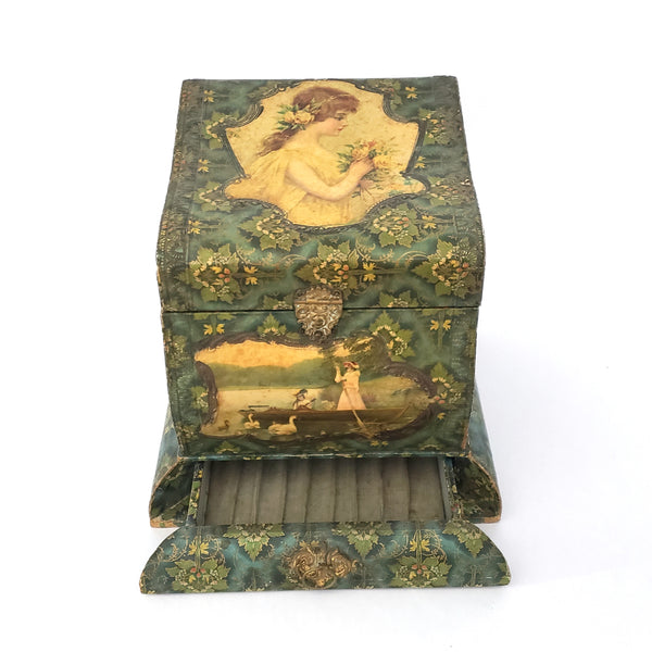 Antique Victorian Paper Decorated Collar and Cuff Box with Drawer