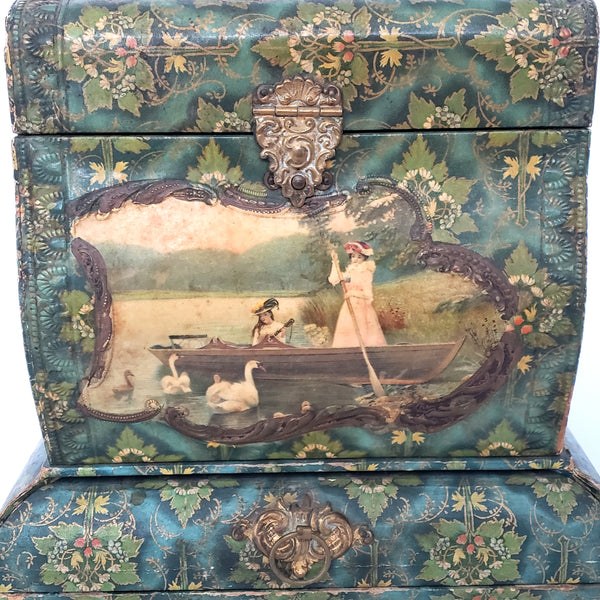 Antique Victorian Paper Decorated Collar and Cuff Box with Drawer