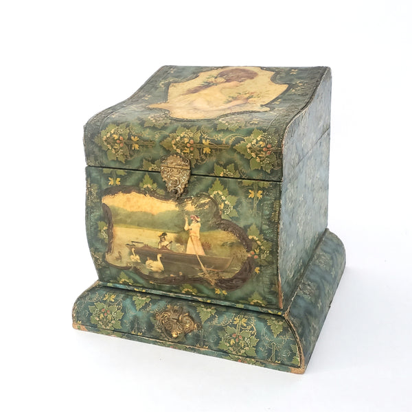 Antique Victorian Paper Decorated Collar and Cuff Box with Drawer