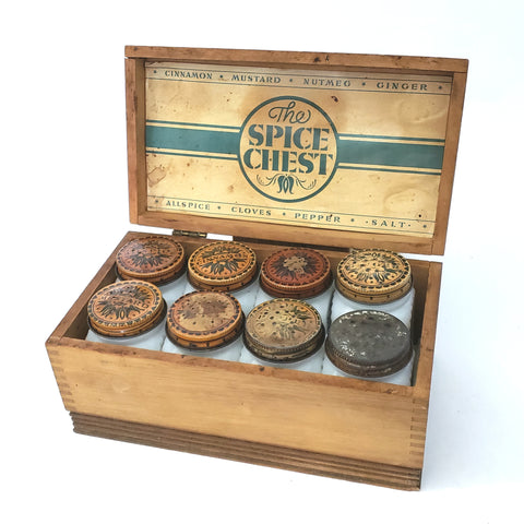 Vintage Spice Set of 8 in Original Wood Box THE SPICE CHEST Dove Frank Tea & Spice, Ohio