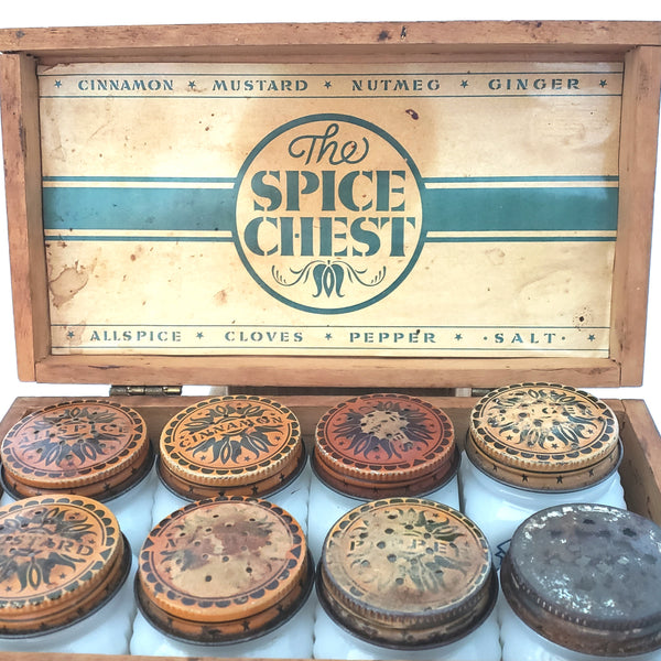 Vintage Spice Set of 8 in Original Wood Box THE SPICE CHEST Dove Frank Tea & Spice, Ohio