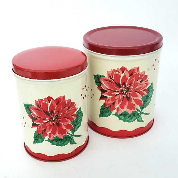 Vintage Metal Kitchen Canisters Red Chrysanthemum Set of 2 Mid-Century