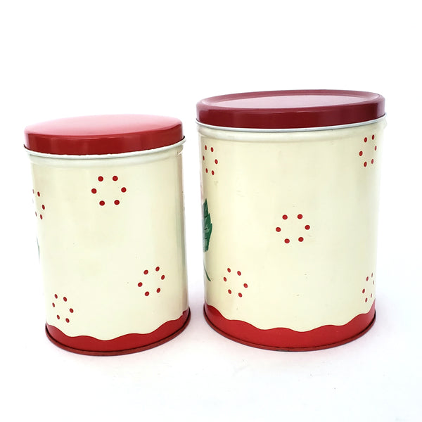 Vintage Metal Kitchen Canisters Red Chrysanthemum Set of 2 Mid-Century