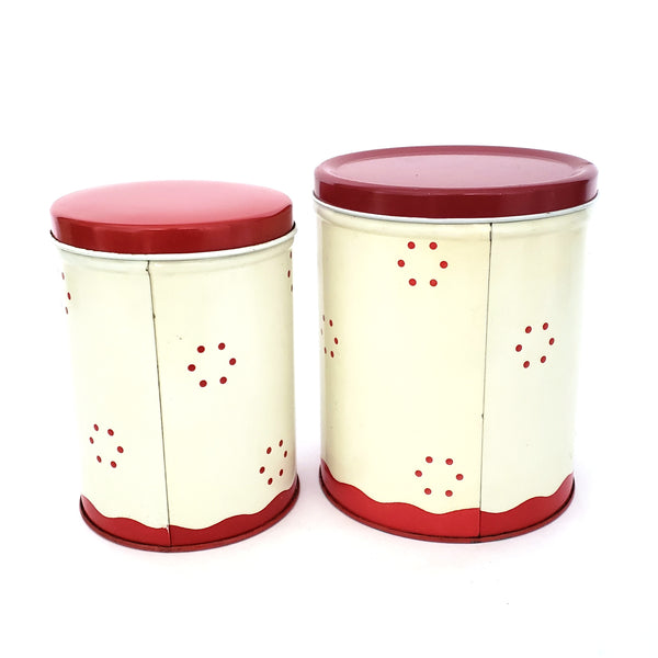 Vintage Metal Kitchen Canisters Red Chrysanthemum Set of 2 Mid-Century