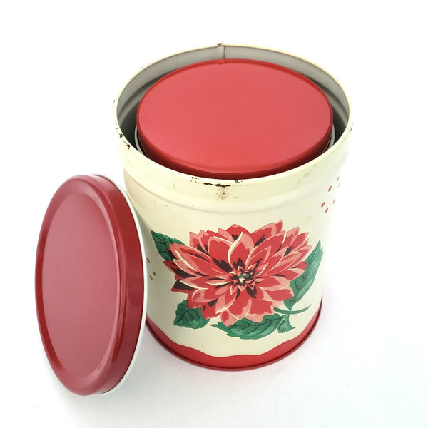 Vintage Metal Kitchen Canisters Red Chrysanthemum Set of 2 Mid-Century