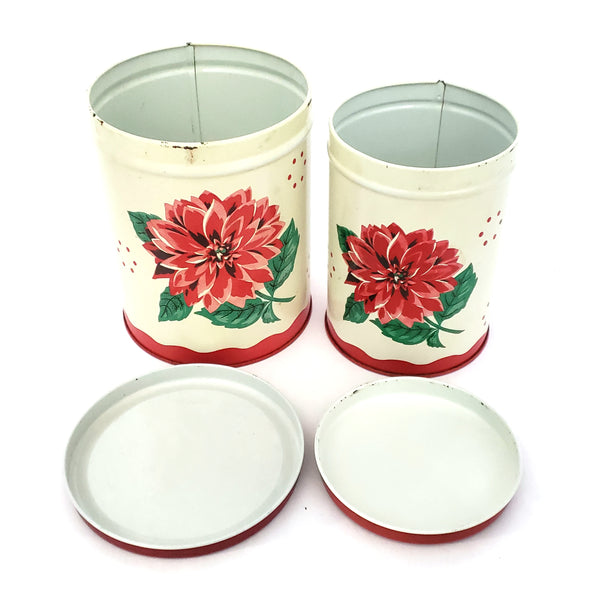 Vintage Metal Kitchen Canisters Red Chrysanthemum Set of 2 Mid-Century