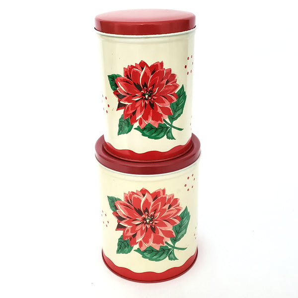 Vintage Metal Kitchen Canisters Red Chrysanthemum Set of 2 Mid Century
