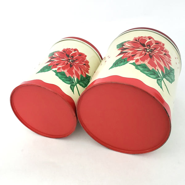 Vintage Metal Kitchen Canisters Red Chrysanthemum Set of 2 Mid-Century