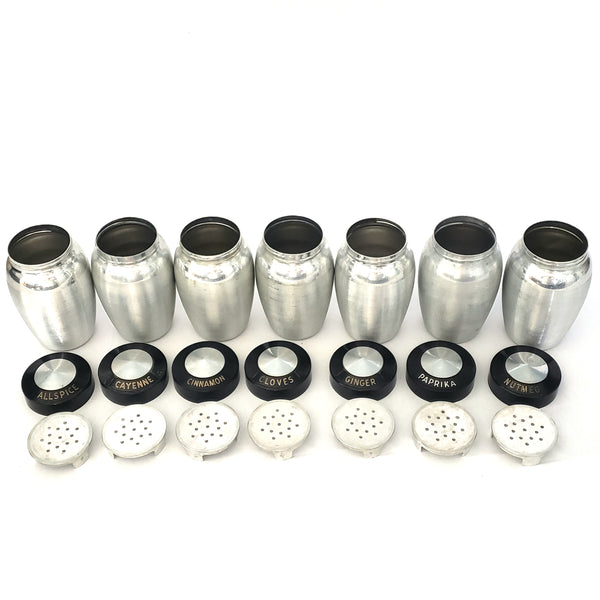 Mid Century Spun Aluminum KROMEX Spice Jar Set of 7 with Rack Silver and Black 1950s