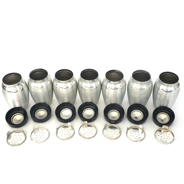 Mid Century Spun Aluminum KROMEX Spice Jar Set of 7 with Rack Silver and Black 1950s