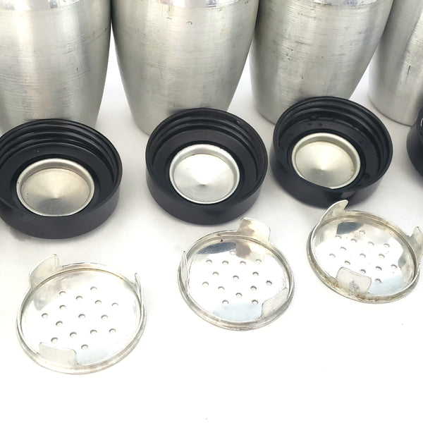 Mid Century Spun Aluminum KROMEX Spice Jar Set of 7 with Rack Silver and Black 1950s