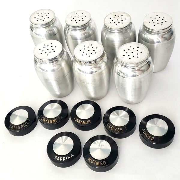Mid Century Spun Aluminum KROMEX Spice Jar Set of 7 with Rack Silver and Black 1950s