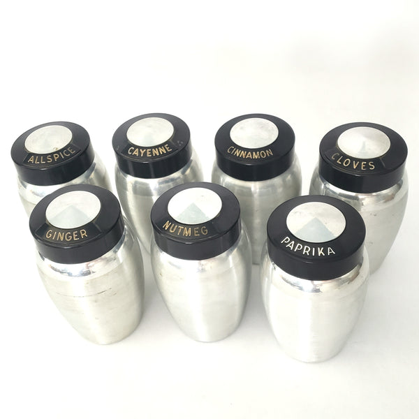 Mid Century Spun Aluminum KROMEX Spice Jar Set of 7 with Rack Silver and Black 1950s