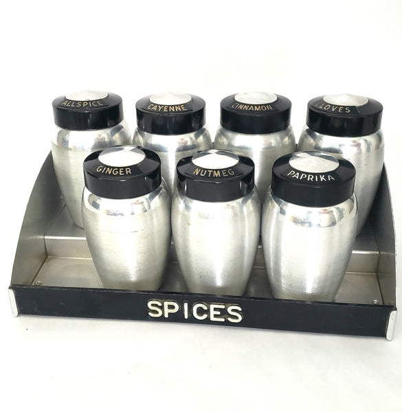 Mid Century Spun Aluminum KROMEX Spice Jar Set of 7 with Rack Silver and Black 1950s