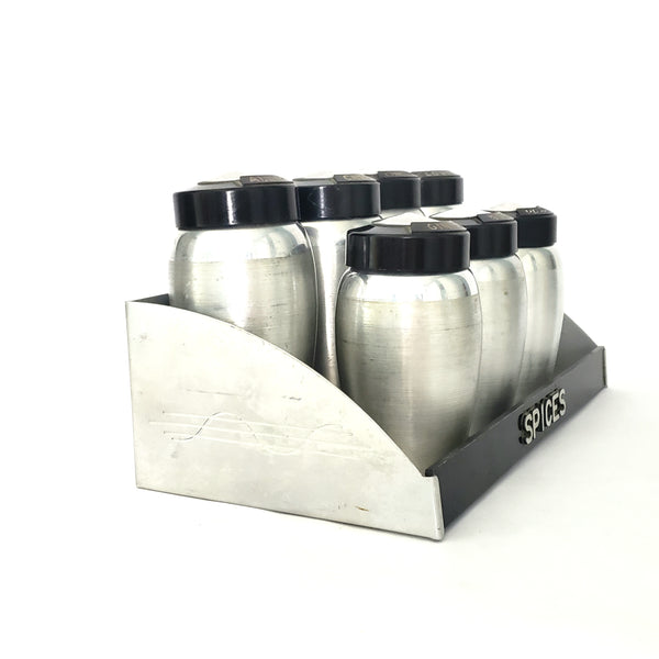 Mid Century Spun Aluminum KROMEX Spice Jar Set of 7 with Rack Silver and Black 1950s