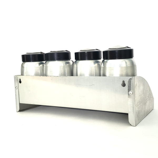 Mid Century Spun Aluminum KROMEX Spice Jar Set of 7 with Rack Silver and Black 1950s