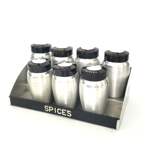 Mid Century Spun Aluminum KROMEX Spice Jar Set of 7 with Rack Silver and Black 1950s