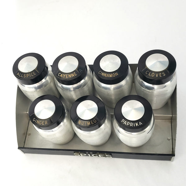 Mid Century Spun Aluminum KROMEX Spice Jar Set of 7 with Rack Silver and Black 1950s