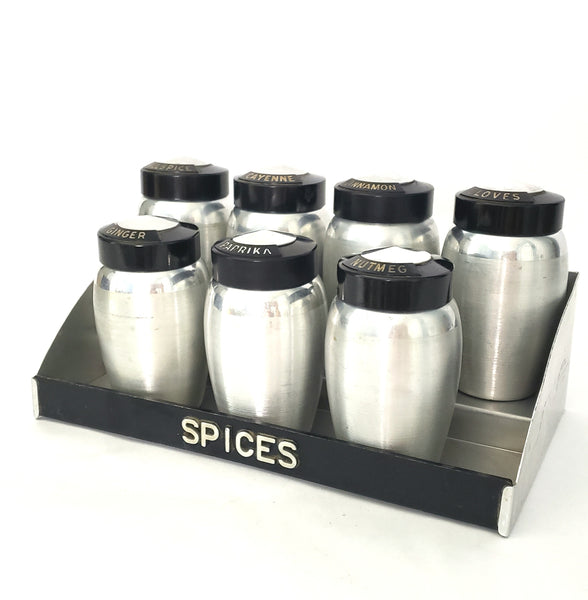 Mid Century Spun Aluminum KROMEX Spice Jar Set of 7 with Rack Silver and Black 1950s
