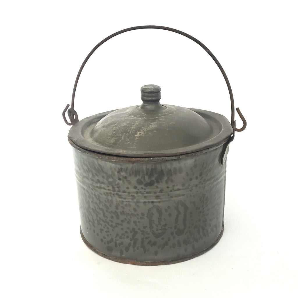 Antique Farmhouse Gray Graniteware Berry Bucket with Tin Lid and Bail Handle