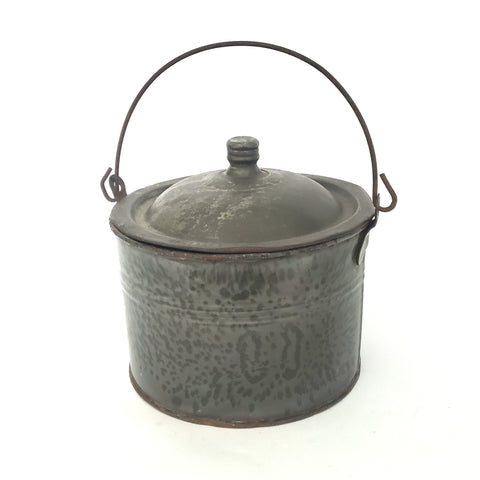 Antique Rustic Farmhouse Gray Graniteware Berry Bucket Tin Lid and Bail Handle