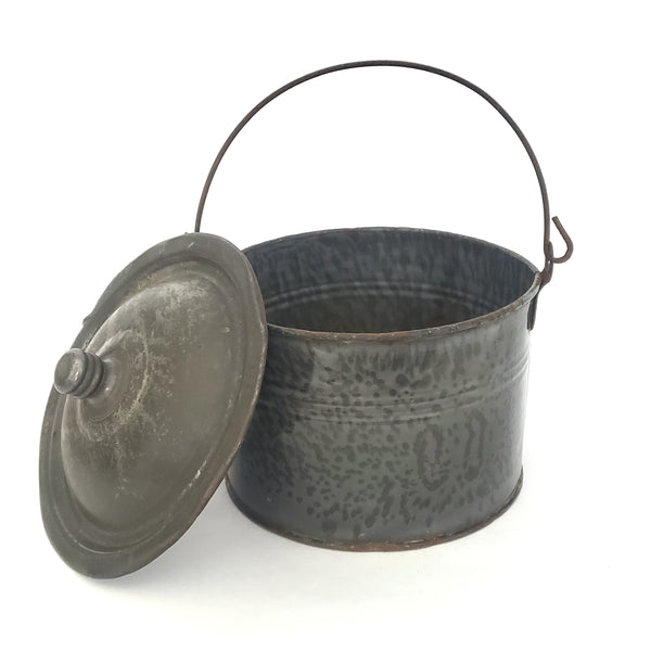 Antique Farmhouse Gray Graniteware Berry Bucket with Tin Lid and Bail Handle
