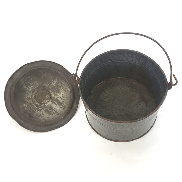 Antique Farmhouse Gray Graniteware Berry Bucket with Tin Lid and Bail Handle