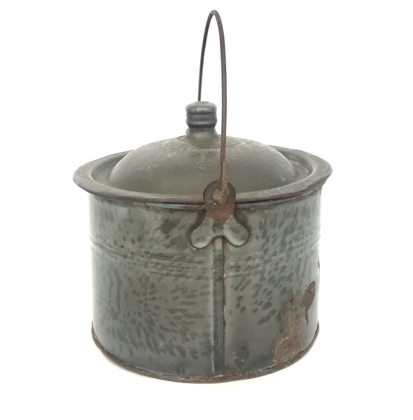 Antique Farmhouse Gray Graniteware Berry Bucket with Tin Lid and Bail Handle
