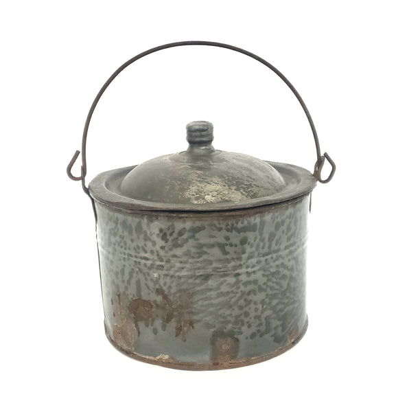 Antique Farmhouse Gray Graniteware Berry Bucket with Tin Lid and Bail Handle