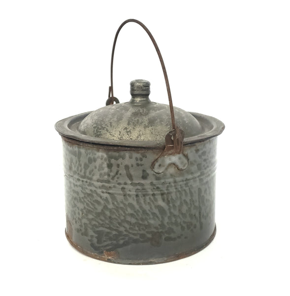 Antique Farmhouse Gray Graniteware Berry Bucket with Tin Lid and Bail Handle