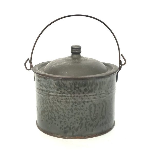 Antique Farmhouse Gray Graniteware Berry Bucket with Tin Lid and Bail Handle