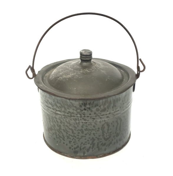 Antique Farmhouse Gray Graniteware Berry Bucket with Tin Lid and Bail Handle