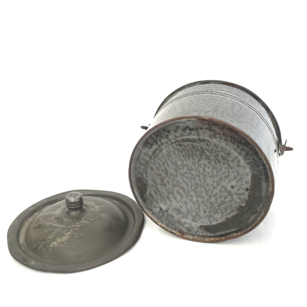 Antique Farmhouse Gray Graniteware Berry Bucket with Tin Lid and Bail Handle