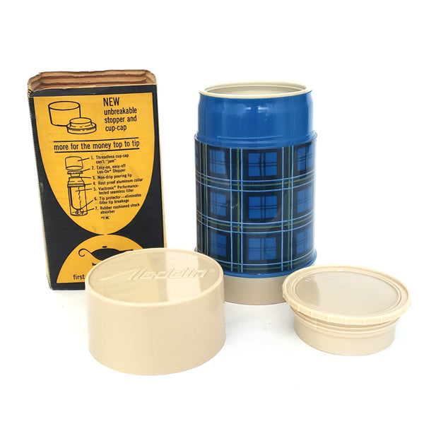 Vintage Aladdin Wide Mouth Thermos Pint Size Blue Plaid with Sleeve Tennessee USA
