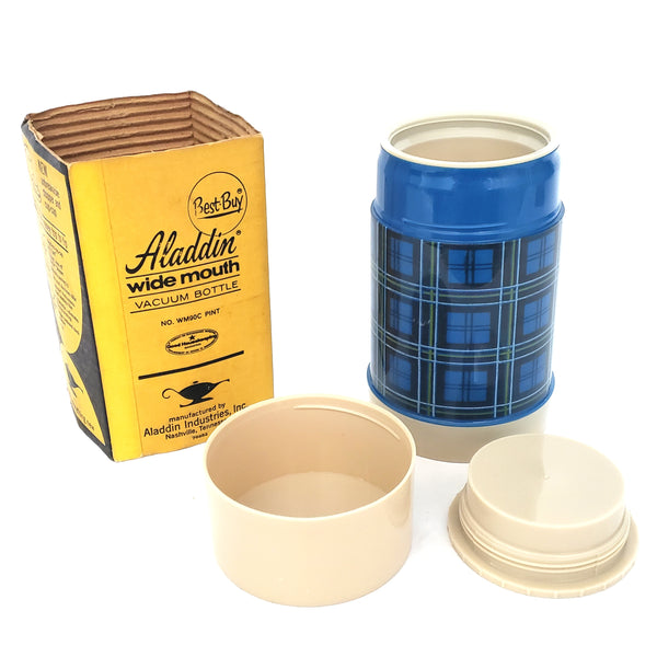 Vintage Aladdin Wide Mouth Thermos Pint Size Blue Plaid with Sleeve Tennessee USA