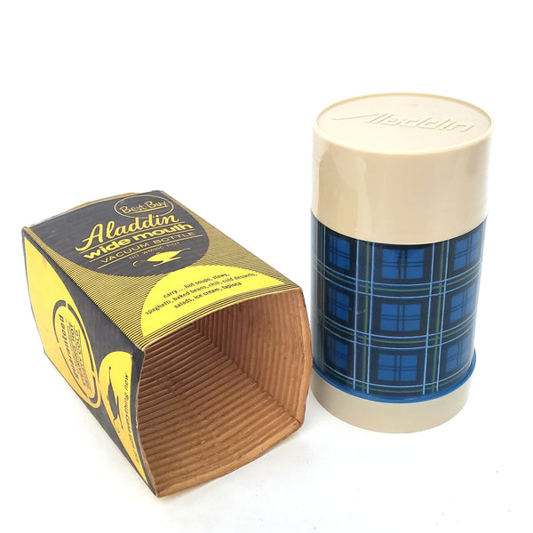 Vintage Aladdin Wide Mouth Thermos Pint Size Blue Plaid with Sleeve Tennessee USA