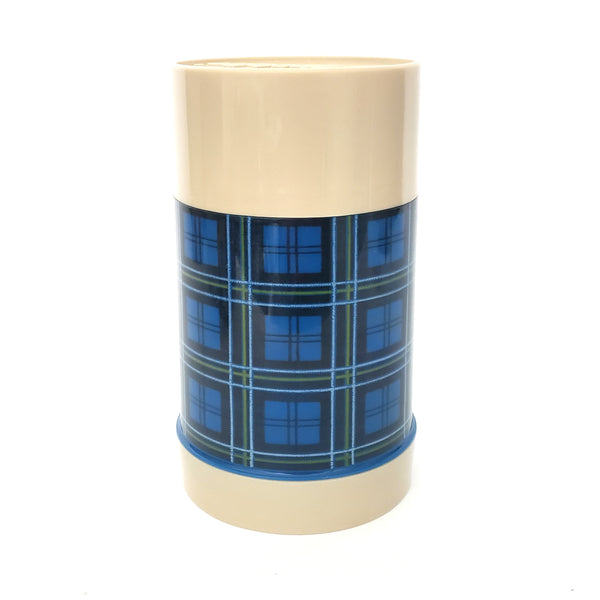 Vintage Aladdin Wide Mouth Thermos Pint Size Blue Plaid with Sleeve Tennessee USA