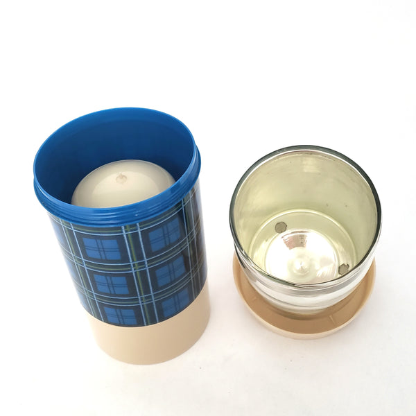 Vintage Aladdin Wide Mouth Thermos Pint Size Blue Plaid with Sleeve Tennessee USA