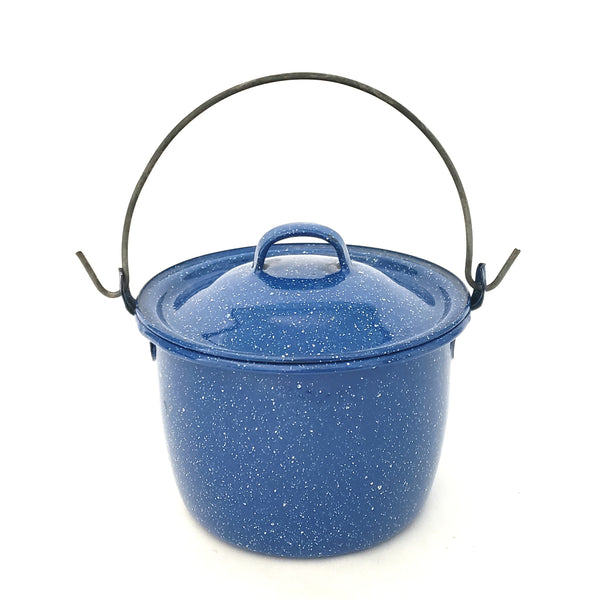 Vintage Petite Blue Enamelware Berry Bucket with Lid Metal Wire Bale Handle
