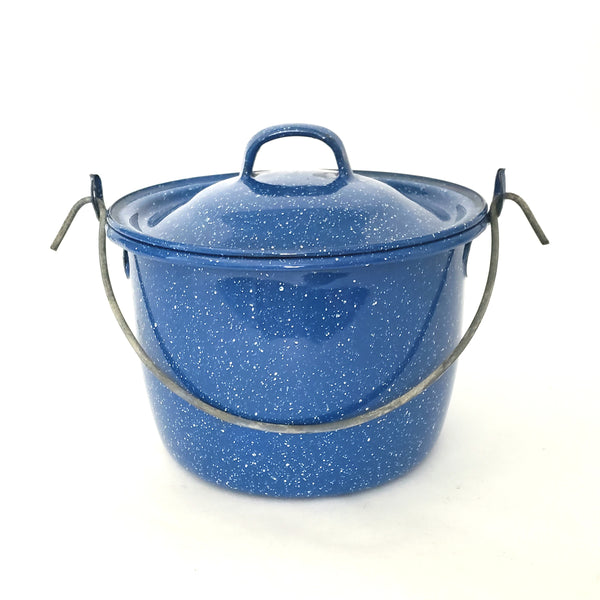 Vintage Petite Blue Enamelware Berry Bucket with Lid Metal Wire Bale Handle