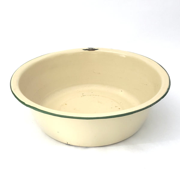 Vintage Cream and Green Enamelware Basin 11 1/2 inch