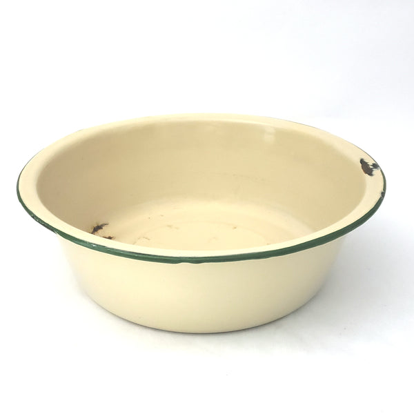 Vintage Cream and Green Enamelware Basin 11 1/2 inch