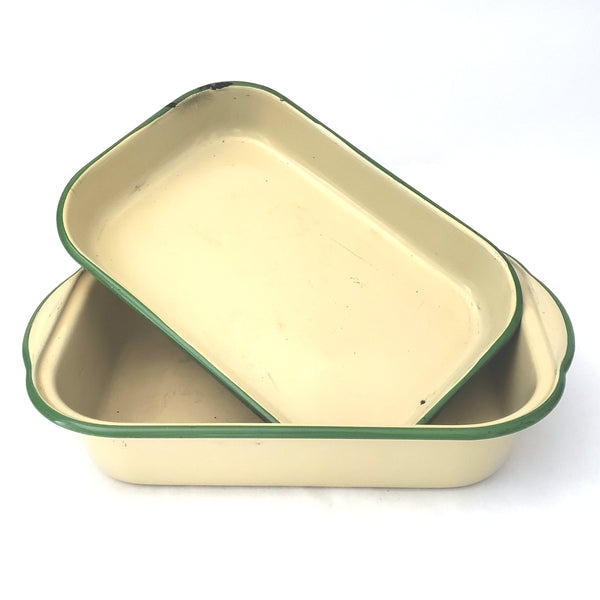 Pair of Vintage Cream and Green Enamelware Rectangular Baking Pans