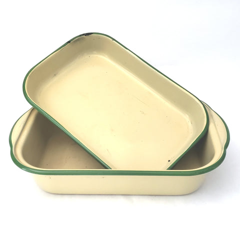 Pair of Vintage Cream and Green Enamelware Rectangular Baking Pans