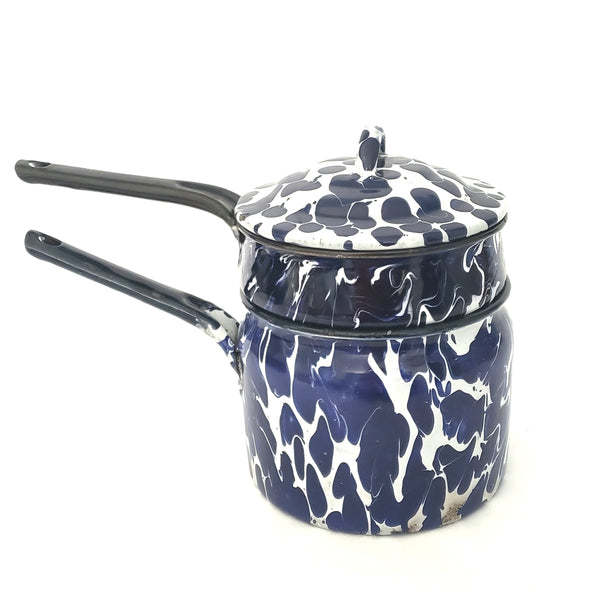 Vintage Blue and White Swirl Spatter Double Boiler